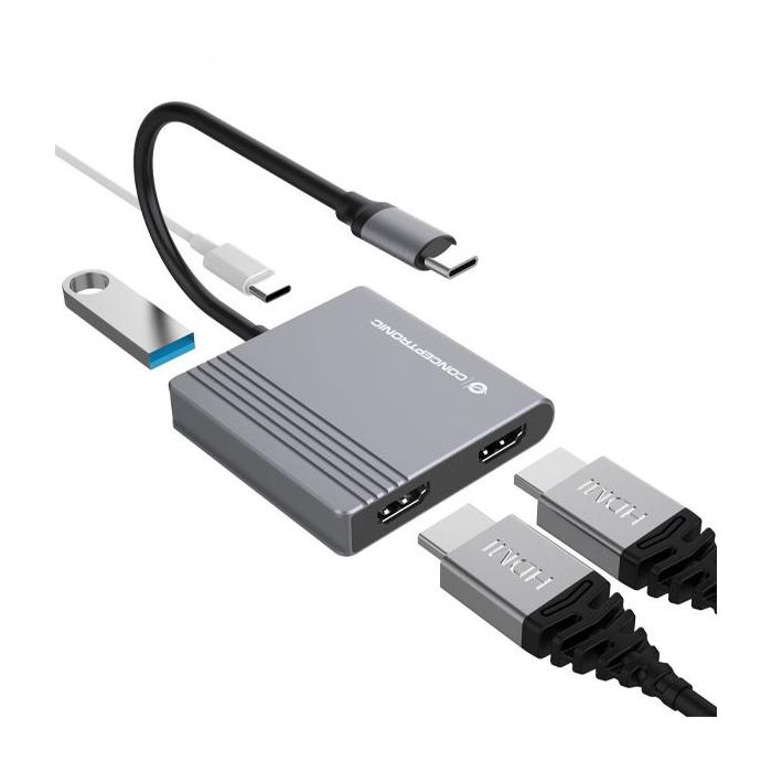 Conceptronic DONN13GR Hub USB Tipo C con HDMI, USB-C PD y USB 3.0 para MacBook, Chromebook y más, 4 en 1 2