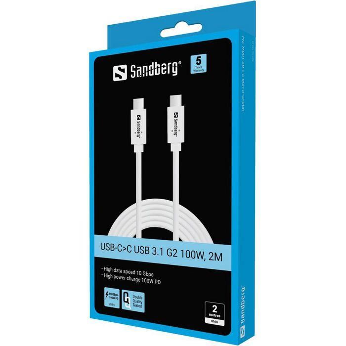Sandberg USB-C to C USB 3.2 Gen2 Cable, 10 Gbps, Carga Rápida PD 100W, 2 Metros 1