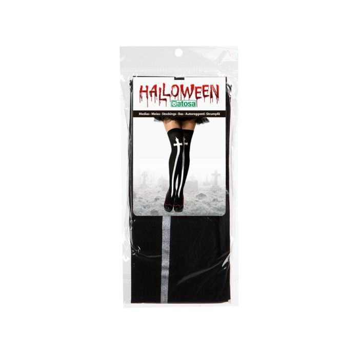 Medias negras altas con cruz blanca - Complemento ideal para Halloween y eventos temáticos 1