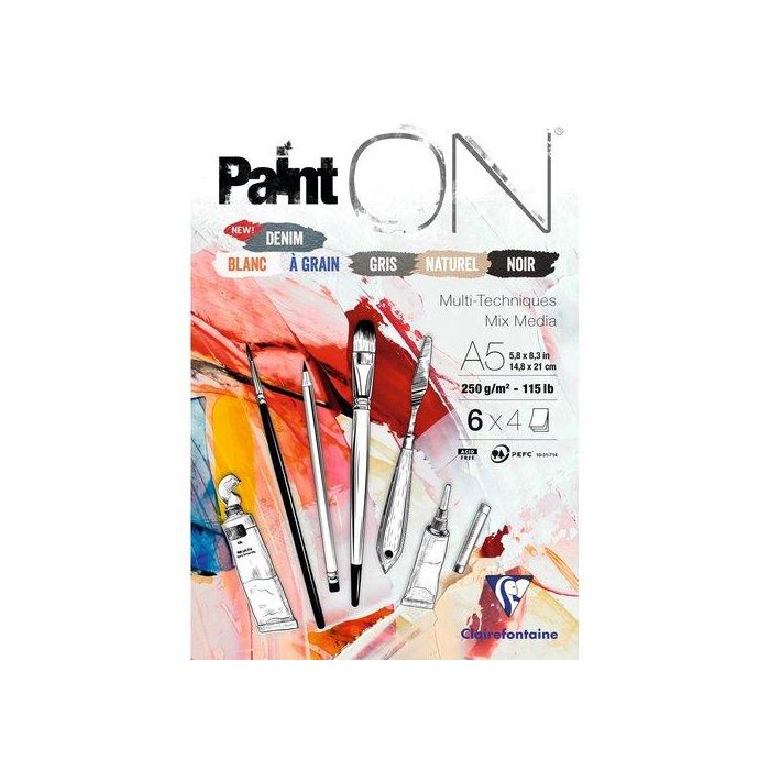 Bloc De Dibujo Clairefontaine Paint On Multitecnicas Encolado A5 250G 24H Colores (6 Col X 4 Hojas) 4 unidades