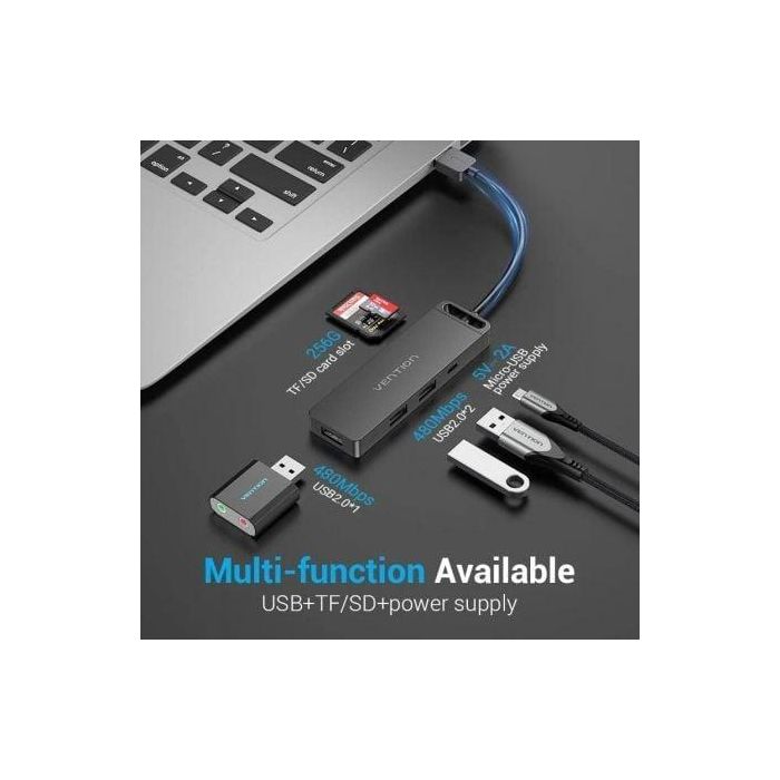 HUB USB 2.0 Vention CHUBB/ 3xUSB/ 1xMicroUSB PD/ 1xLector Tarjetas/ Negro 2