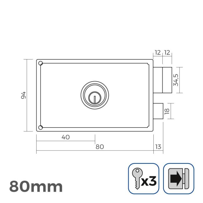 Cerradura derecha 80mm 3 llaves incluidas 1