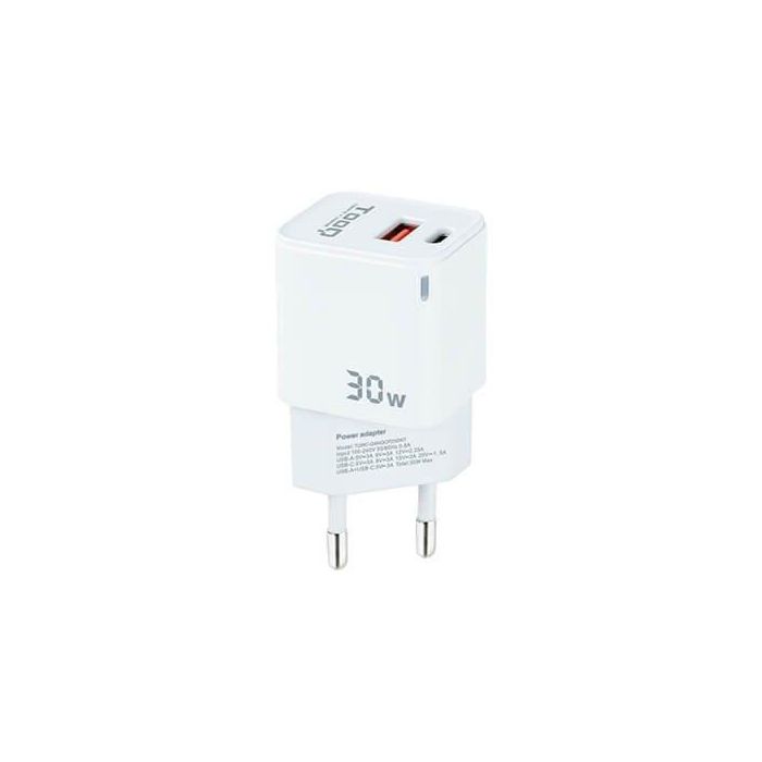 TooQ TQWC-GANQCPD30WT Cargador de Pared GaN 30W con Puerto USB-C Power Delivery y Puerto USB-A Quick Charge, Blanco
