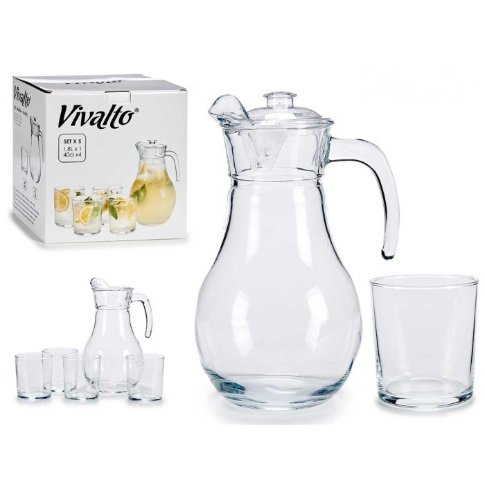 Vivalto Juego de Jarra de Cristal 1.8 Lt y 4 Vasos, Vidrio y Plástico PP, Transparente, 24x25x18 cm (6 Unidades)