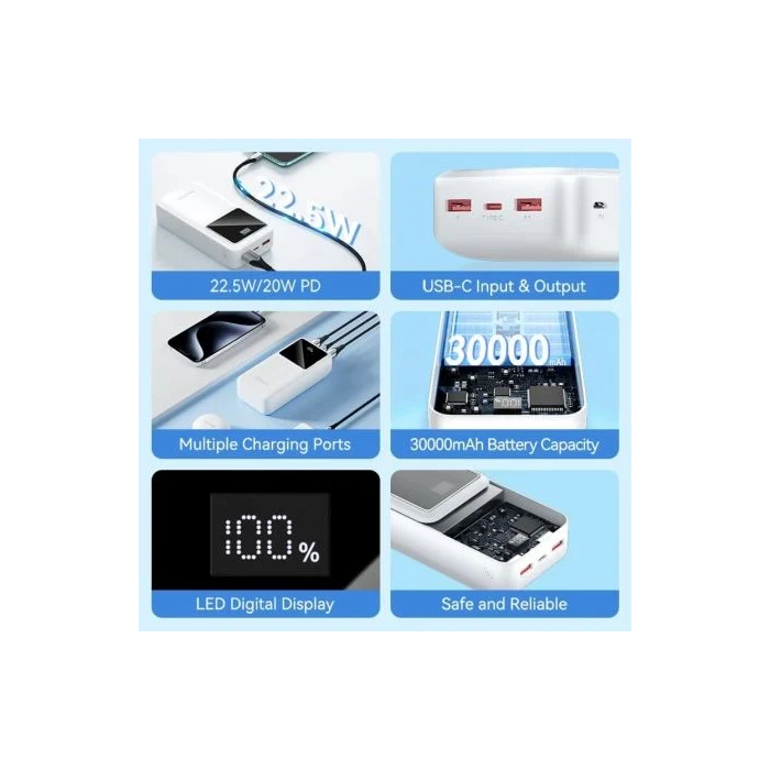 Vention FHMW0 Powerbank 30000mAh 22.5W Blanca con Pantalla LED, Micro-USB, USB-C, USB-A para Carga Rápida
