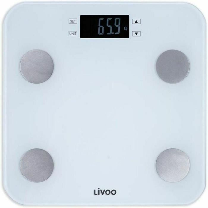 Livoo DOM427W Báscula de Baño Digital - Mide Peso, IMC, Grasa, Músculo - 13 Usuarios - 180 kg - Pantalla LCD Vidrio Templado - Blanco