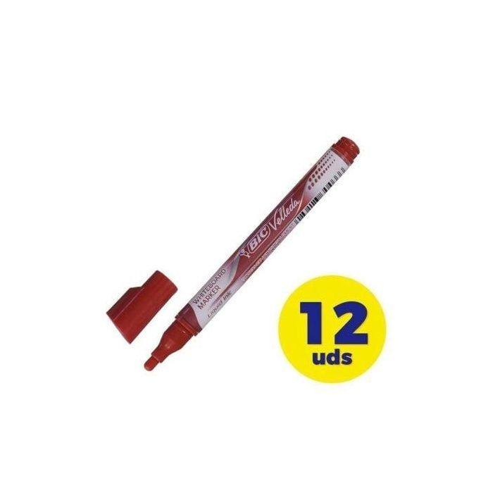 Bic 902089 Rotuladores Velleda para Pizarra Blanca Punta Redonda 1.5mm, Caja de 12 Unidades Rojos, Tinta Líquida y Casi Sin Olor