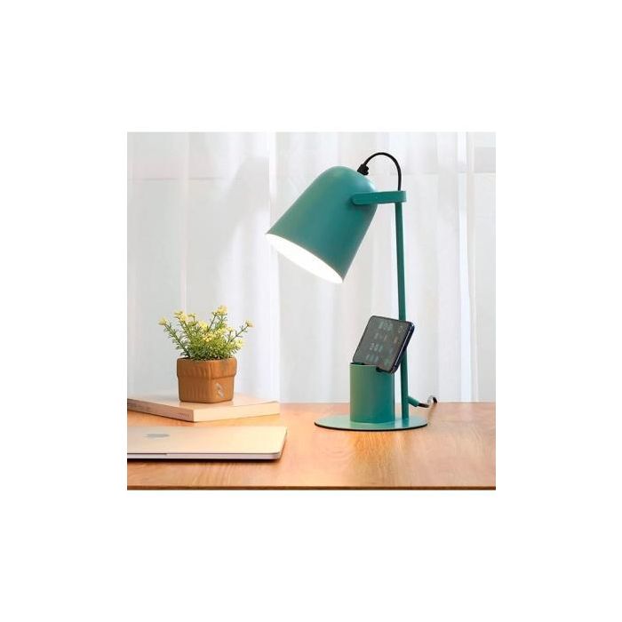 I-Total Lámpara de Mesa Flexible Metálica con Soporte para Móvil, Portalápices, 35 cm, Verde Azulado
