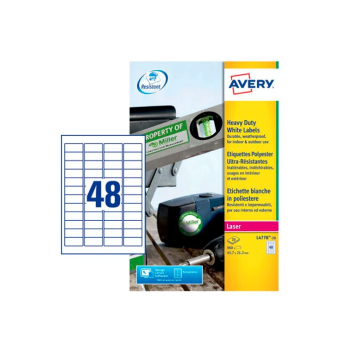 Avery Etiquetas Adhesivas Poliéster Blanco Extra Resistente Láser 45,7x21,2 mm Caja de 960 Unidades 4