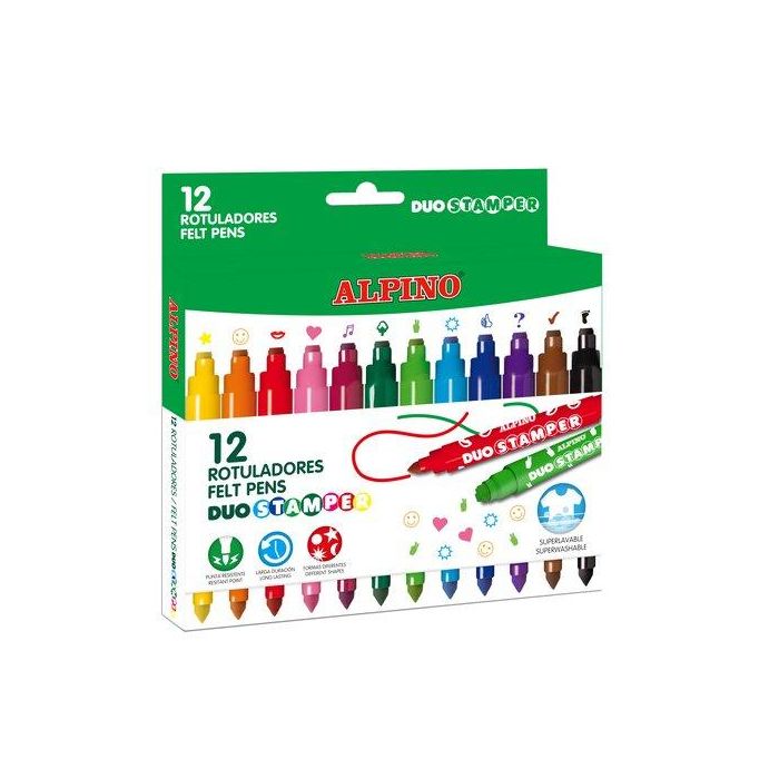 Alpino Rotulador Duo Stamper, 12 Unidades Colores Surtidos, Punta Fina