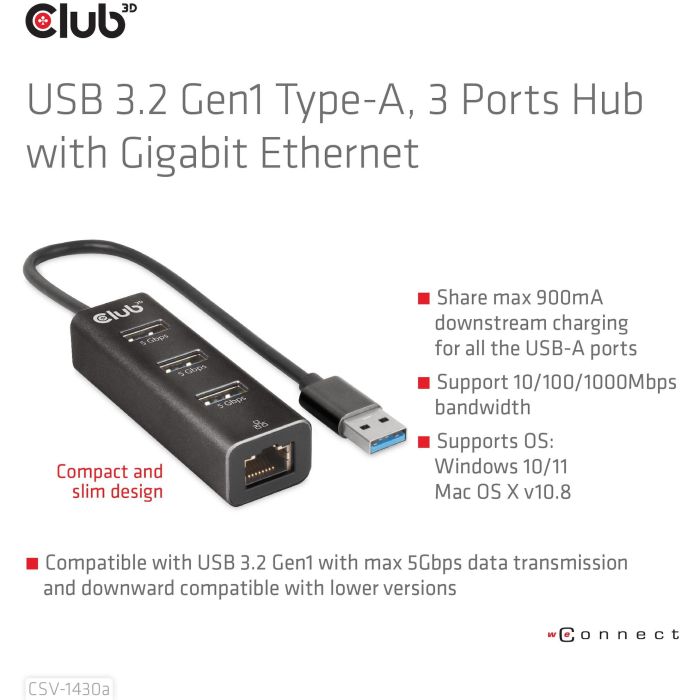 Club3D Hub USB 3.2 Gen 1 Tipo-A con 3 Puertos y Adaptador Gigabit Ethernet, Negro, Conectividad Alámbrica 4 Club3D Hub USB 3.2 Gen 1 Tipo-A con 3 Puertos y Adaptador Gigabit Ethernet, Negro, Conectividad Alámbrica 4