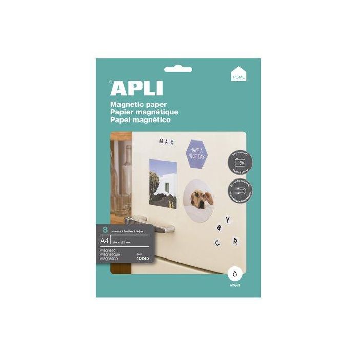 Apli Papel Magnético Blanco DIN A4 para Impresoras Inkjet, Acabado Fotográfico, Paquete de 8 Hojas