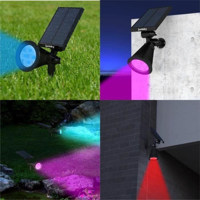 Lumisky 2 Focos Solares Impermeables Exterior con 4 LED RGB, 200 Lúmenes, Cabezal Giratorio 90°, Autonomía 10h, para Suelo o Pared 2