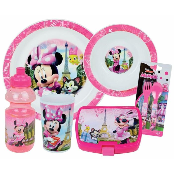 Set de Vajilla Disney Minnie - FUN HOUSE - 006377 - Vidrio, Plato Hondo, Plato Llano, Botella, Caja para Merienda y Cubiertos