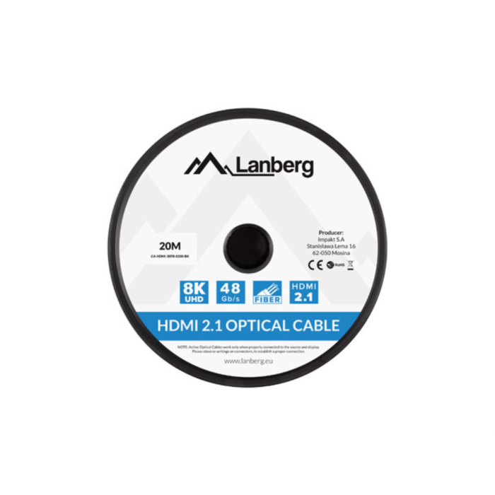 LANBERG CA-HDMI-30FB-0200-BK Cable HDMI 2.1 de 20 metros, Conectores Macho Chapados en Oro, Negro 2