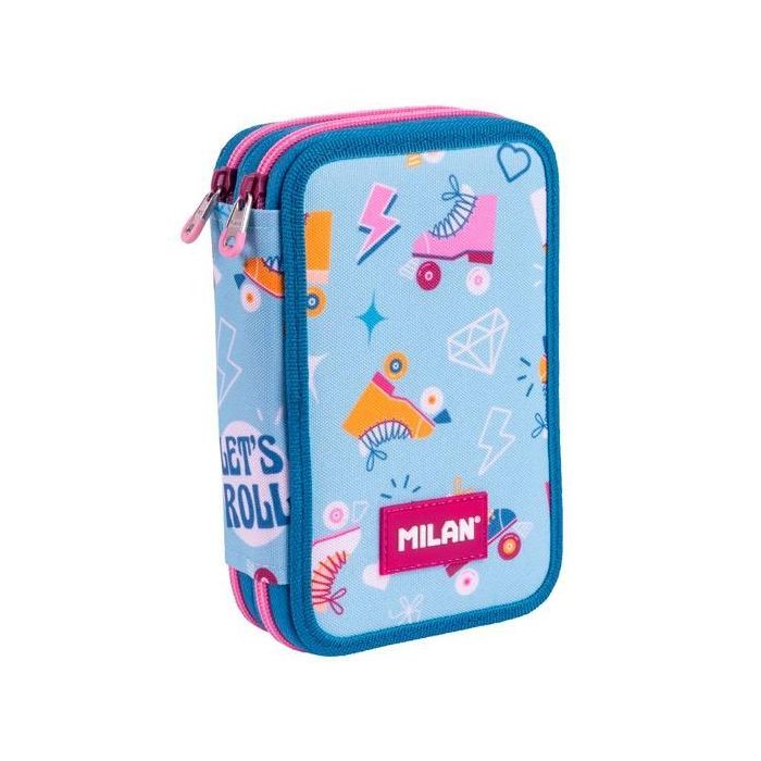Milan Serie Especial Roller 2 Plumier Estuche Escolar Relleno 2 Pisos con 36 Piezas Material Escolar Diseño Patines Retro