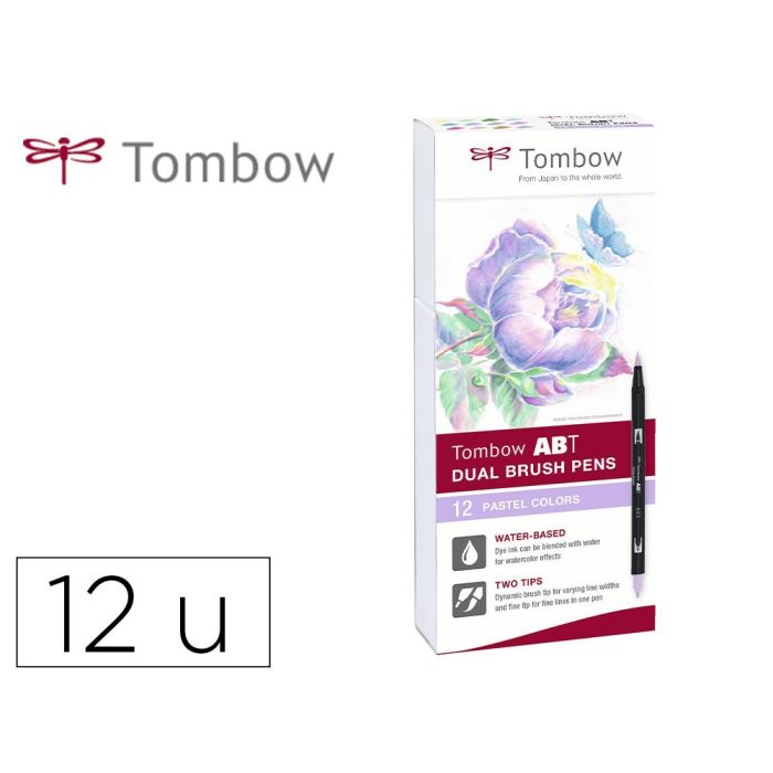 Tombow Rotuladores Abt Dual Brush Doble Punta Fina-Pincel C-Surtidos Pastel Estuche 12 Ud