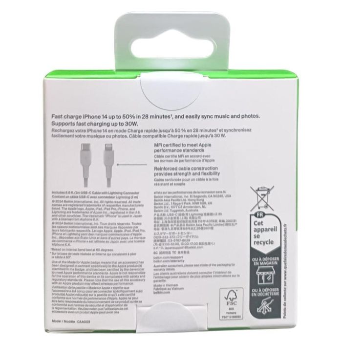 Belkin CAA003BT2MWH Cable USB-C a Lightning BOOSTCHARGE 2M Blanco, MFi, Carga Rápida para iPhone/iPad 2