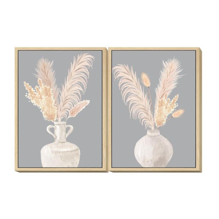 DKD Home Decor Cuadro Shabby Chic con Jarrones Gris Beige 70x50x4 cm Decoración Mural Hecho a Mano Lienzo PS Set 2 Unidades