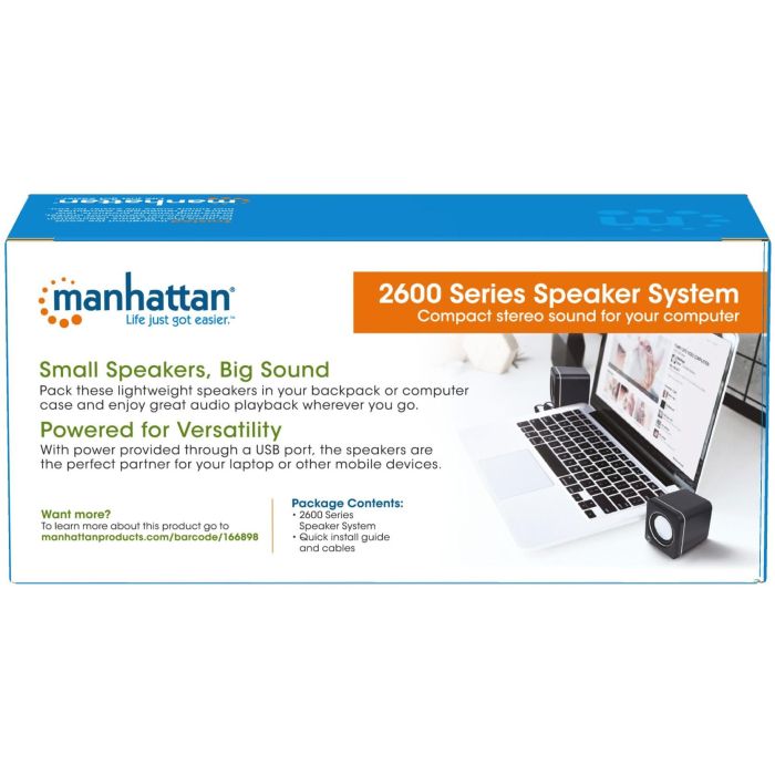 MANHATTAN 2600 Series Stereolautsprecher ber 3.5 mm-Klinkenstecker Strom ber USB-A kompaktes Format fr PCs und Notebooks schwarz 3