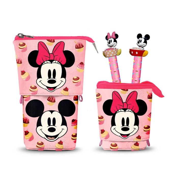 Disney Minnie Mouse Estuche Portatodo Vertical + 2 Bolígrafos Gel Borrables Muffin Rosa con Diseño Minnie Mouse