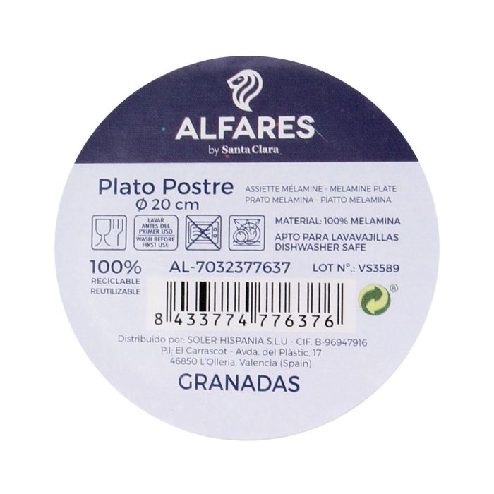Alfares Plato de Postre o Tapa 20 cm, Colección Granadas, Vidriado Miel/Brillante, Cerámica (24 Unidades) 1