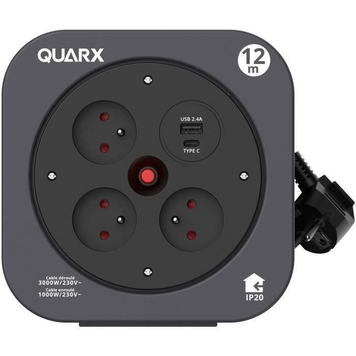 Quarx QUA1719191081312 Carrete S-Box de 12m con 3 Tomas de 16A y Puertos USB Tipo A y C