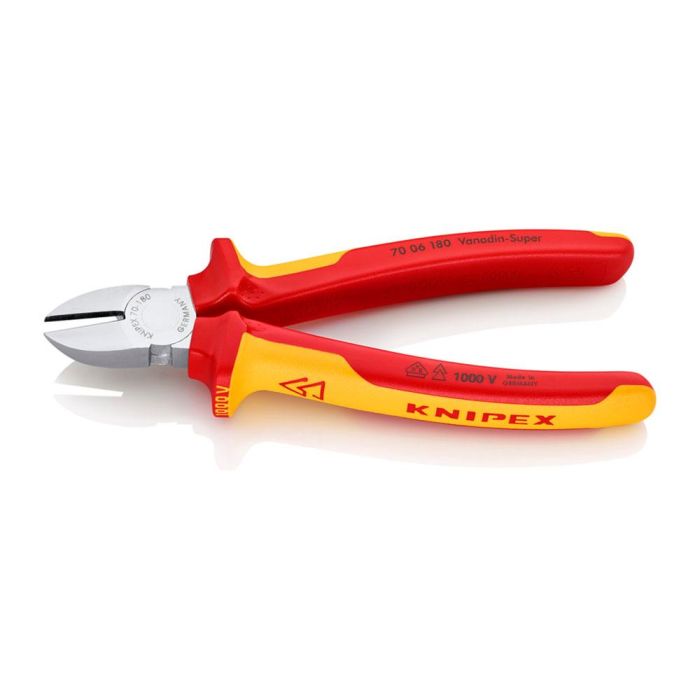 Knipex 7006180 Alicates de corte diagonal 180x56x20 mm, cabeza estrecha para espacios reducidos, cromado, mangos aislados 1 Knipex 7006180 Alicates de corte diagonal 180x56x20 mm, cabeza estrecha para espacios reducidos, cromado, mangos aislados 1