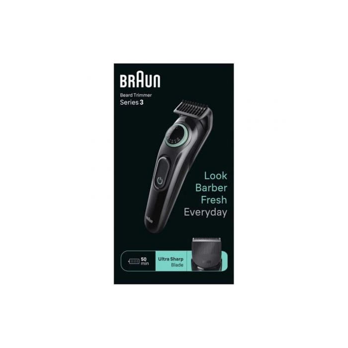 Braun BeardTrimmer Series 3 BT3411 - Recortadora de Barba Recargable con 50 min Autonomía, 40 Ajustes, Incluye 2 Peines y Cepillo, Negro/Verde 3