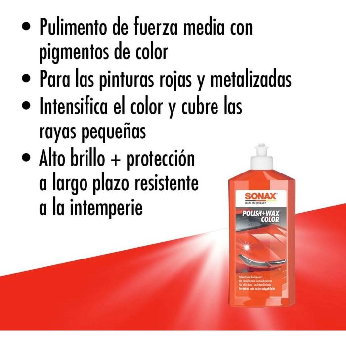 SONAX SX02964000 Pulimento Cera para Coches Rojos Metalizados - Abrillantador con Pigmentos Rojos, Elimina Arañazos, Restaura Brillo 500ml 4 SONAX SX02964000 Pulimento Cera para Coches Rojos Metalizados - Abrillantador con Pigmentos Rojos, Elimina Arañazos, Restaura Brillo 500ml 4