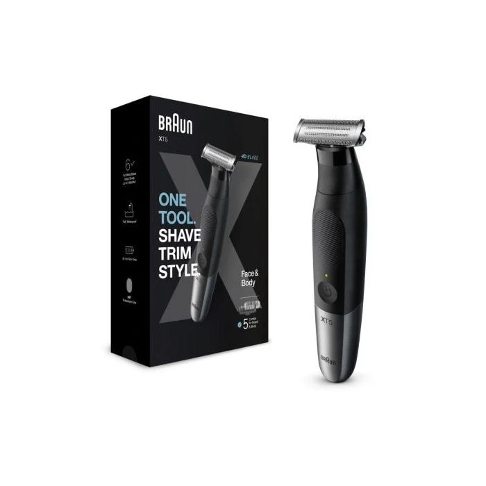 Braun Afeitadora Wet and Dry Serie XT5100 con Batería Recargable y 6 Accesorios (Afeitado y Recorte) Lámina 4D Acero Inoxidable Resistente al Agua