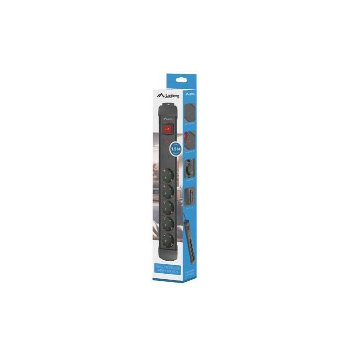 Lanberg SP1-05F-0150-BK Base Múltiple de 5 Salidas AC Tipo F, Cable de 1,5 m, Color Negro, Con Supresor de Sobretensiones 5 Lanberg SP1-05F-0150-BK Base Múltiple de 5 Salidas AC Tipo F, Cable de 1,5 m, Color Negro, Con Supresor de Sobretensiones 5