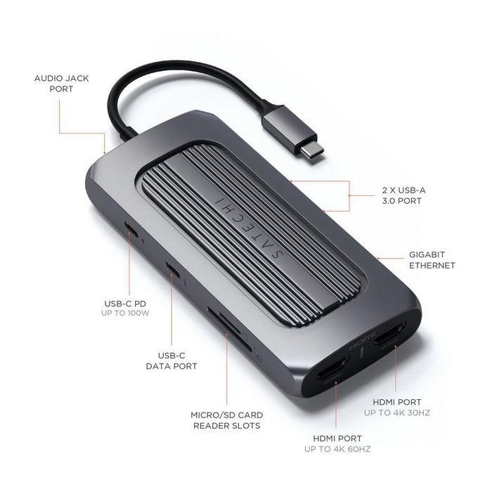 Satechi Adaptador MultiPuerto USB-C MX, Doble HDMI 4K 60Hz, USB-C PD 100W, Ethernet Gigabit, 2x USB-A 3.0, Lector Tarjetas, 3.5mm Jack 1