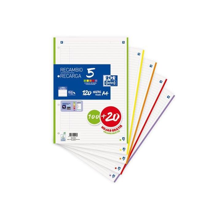 Oxford Recambio 100H + 20H Gratis A4 OptikPaper 90 gr, 5 Bandas Colores, 4 Taladros, Compatible con SCRIBZEE