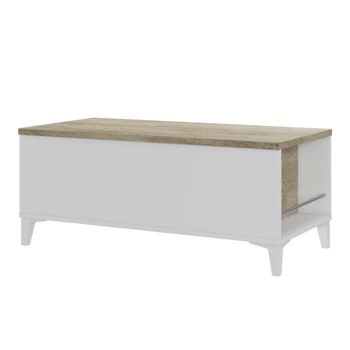 Mesa de centro con tapa elevable - Roble y decoración blanca - L 100 x P 50/72 x H 42/55 cm 1