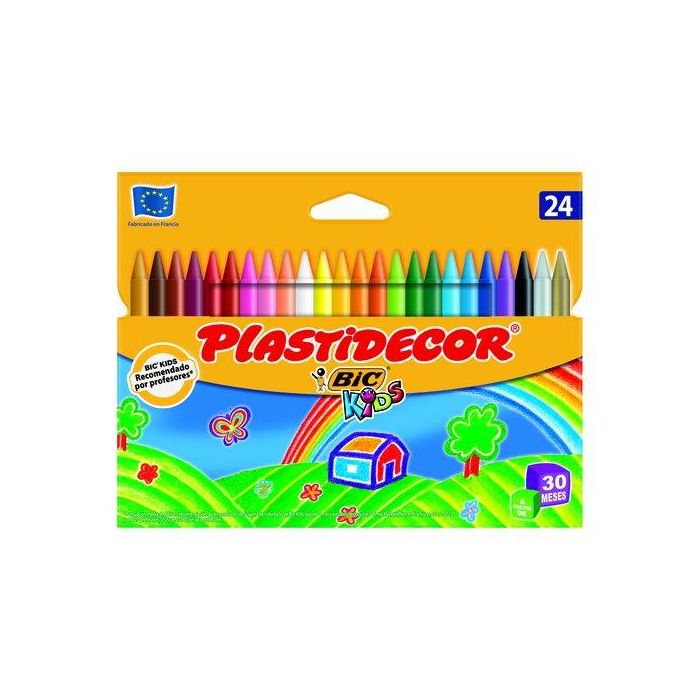 Plastidecor Lápices de Cera Caja de 24 Colores Surtidos Escolares No Tóxicos Borrables