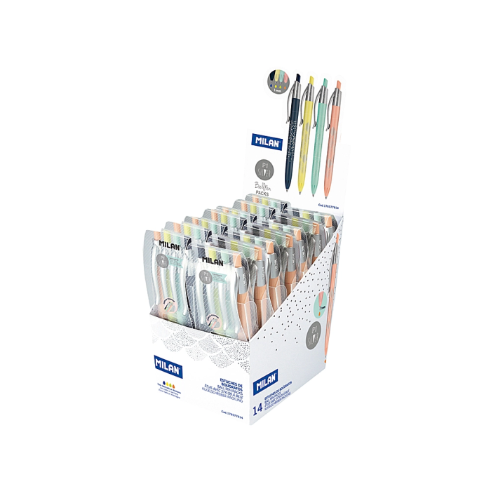 Milan Bolígrafo P1 Silver Retractil 1 mm Expositor 14 Unidades y Estuche 4 Unidades Colores Surtidos 1