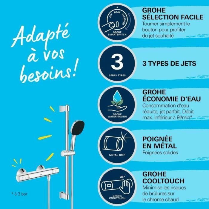 Grohe 34237003 Set de Ducha con Mezclador Termostático, Rociador de 3 Chorros, Barra 60 cm, Flexo y Ahorro de Agua Cromo 2