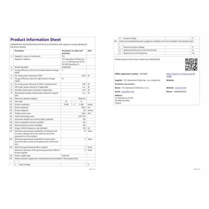 Monitor TCL 34R83Q LCD 37" 25