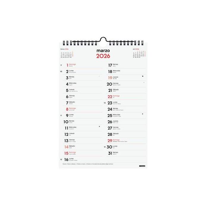 Finocam M-210x300 mm Calendario de Pared 2 Columnas para Escribir, Espiral y Colgador, Planificador Anual 2026