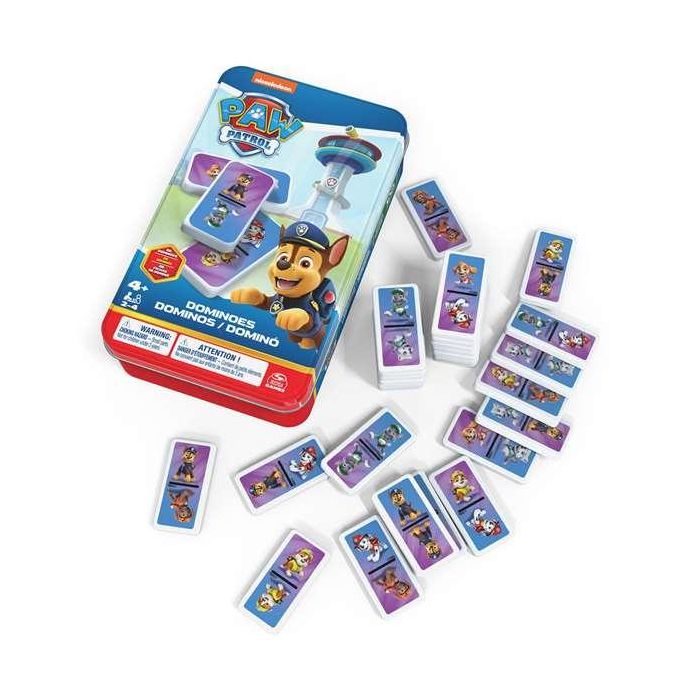 Spin Master 6067468 Dominó Patrulla Canina 28 Fichas Plástico en Caja Metal para Niños +4 Años