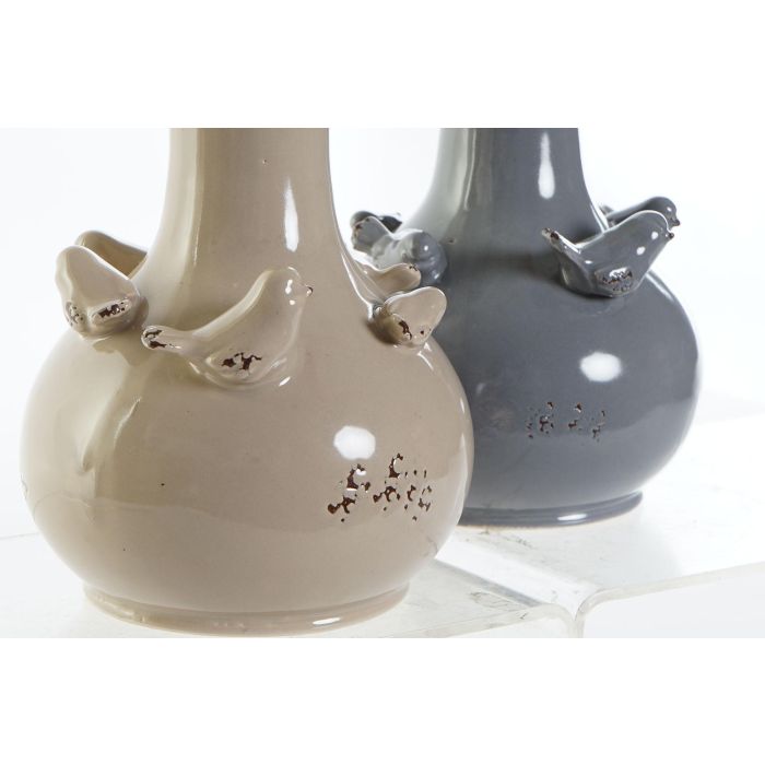 DKD Home Decor Jarrón Shabby de Porcelana Beige Gris con diseño de Pájaros Surtido - Pack de 4 Unidades 13.5x18x13.5 cm 1