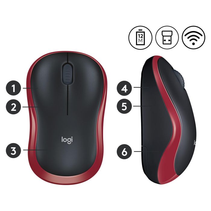 Logitech M185 Ratón Inalámbrico Óptico Rojo para Ordenadores Windows y Mac, Plug and Play, Larga Duración Pila 9