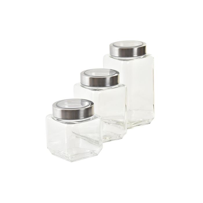 DKD Home Decor Bote Cristal Inox Transparente Plateado Set de 3 Piezas 8.5 x 18 x 8.5 cm 1
