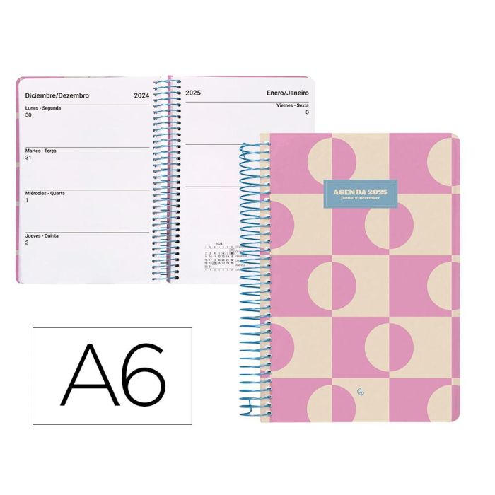 Agenda Espiral Liderpapel Classic A6 2025 Semana Vista Color Rosa Papel 70 gr