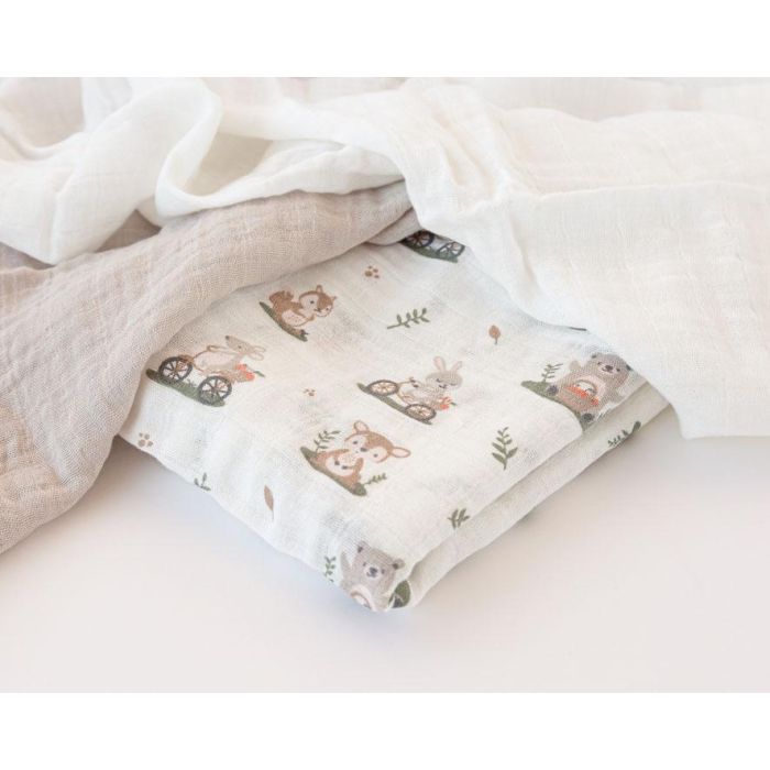 Set De 3 Muselinas Gris, Blanco Y Estampado Bosque 70x70 cm