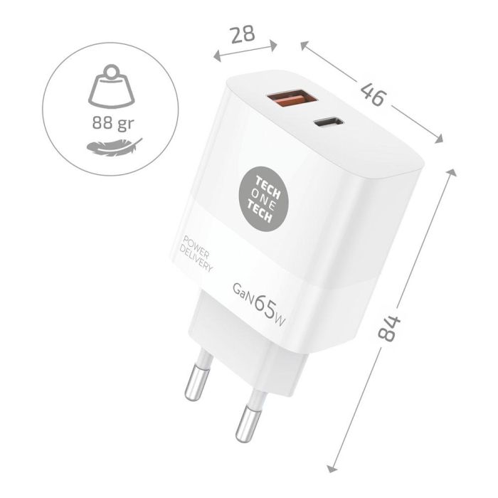 Cargador Gan de Pared Tech One Tech GaN PD TEC2273 / 1xUSB Tipo-C/ 1x USB/ 65W 1