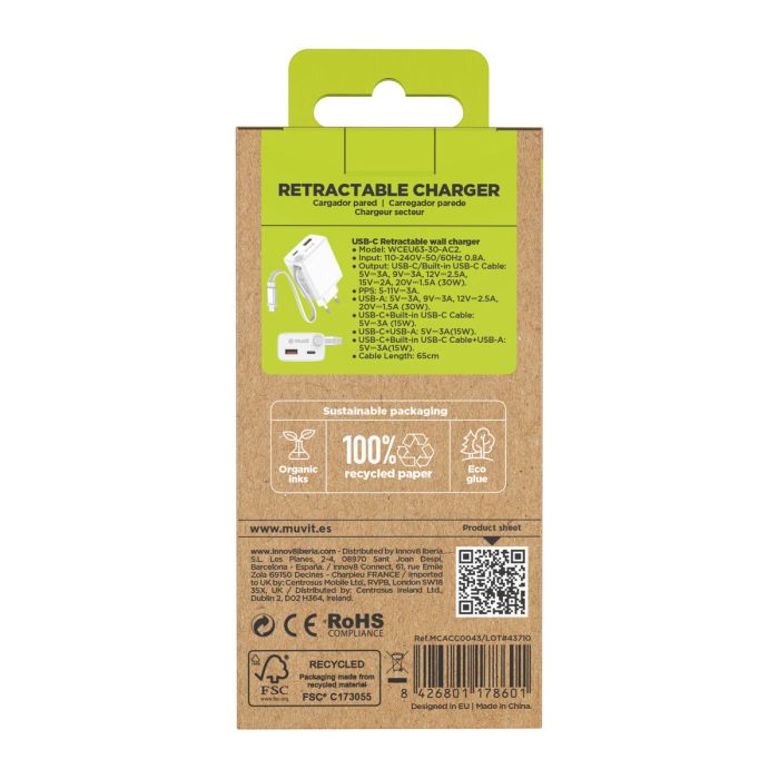 muvit for change cargador de pared Retráctil Tipo C PD 30W blanco 5