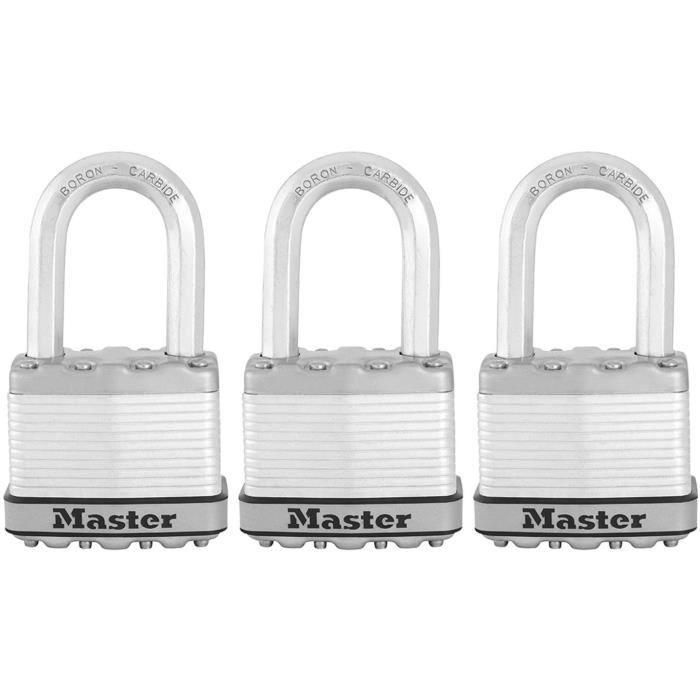 Candado de Alta Seguridad - MASTER LOCK - M115EURTRILF - Con llave - Acero laminado revestido - Exterior - Antióxido - Arco M - Paquete de 3 Candado de Alta Seguridad - MASTER LOCK - M115EURTRILF - Con llave - Acero laminado revestido - Exterior - Antióxido - Arco M - Paquete de 3