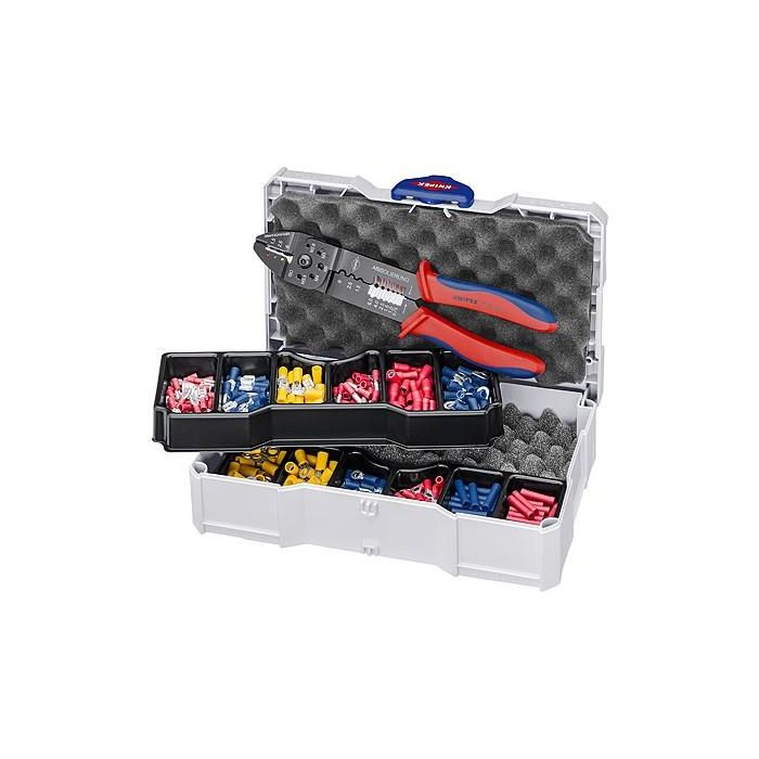 Knipex 97 90 26 Herramienta para prensar y crimpar, ideal para conectores de cable, con funda de transporte, color Negro, Azul, Rojo